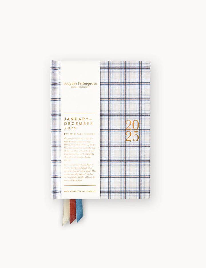 Bespoke Day to a Page Linen Bound Planner 2025: Blue Check