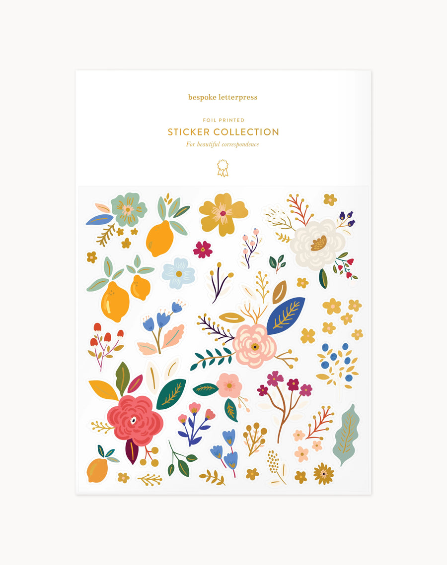 Sticker collection with colorful floral designs on a white background