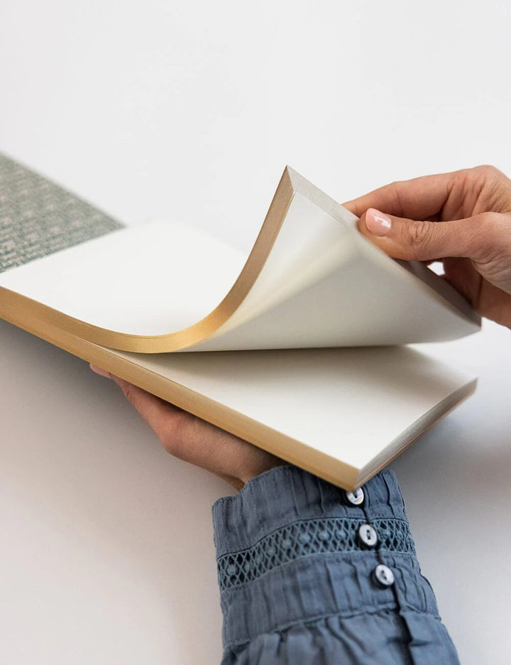 Person holding an open book with a plain background