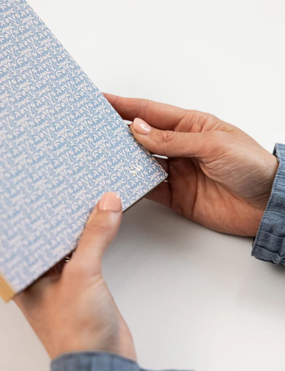 Person holding a blue notebook with a white background