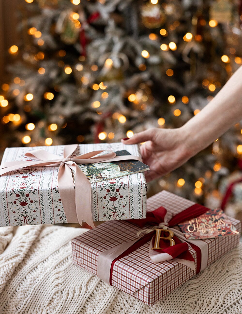 Person holding a wrapped gift with a Christmas tree in the background