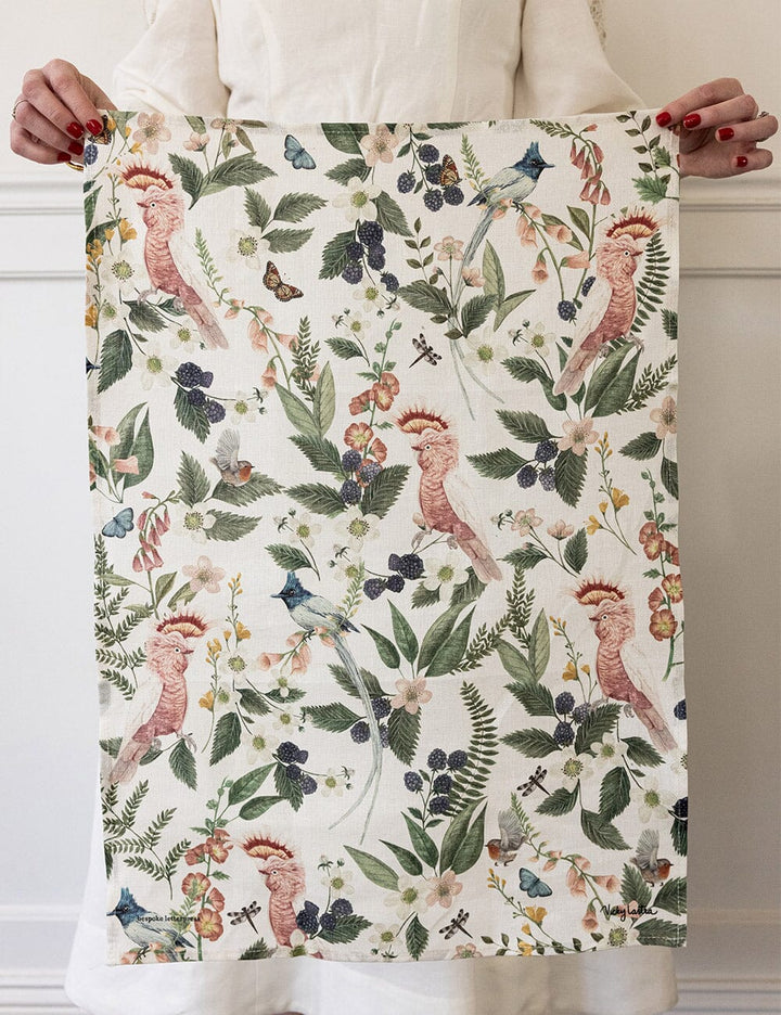 Bespoke Pink Cockatoo Linen Tea Towel