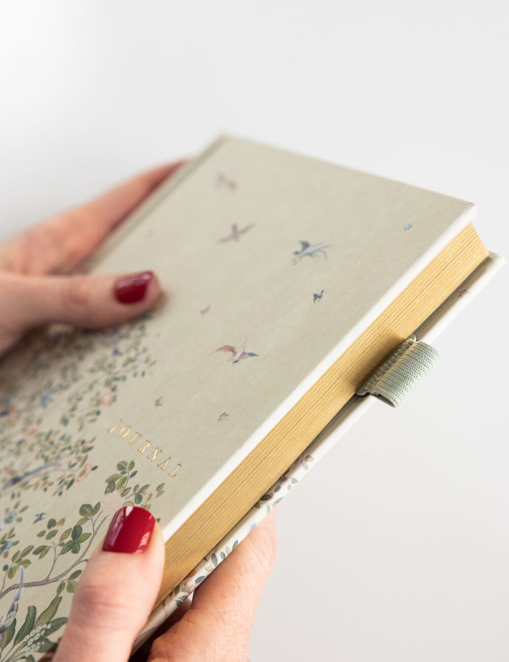 Hand holding a floral notebook on a white background