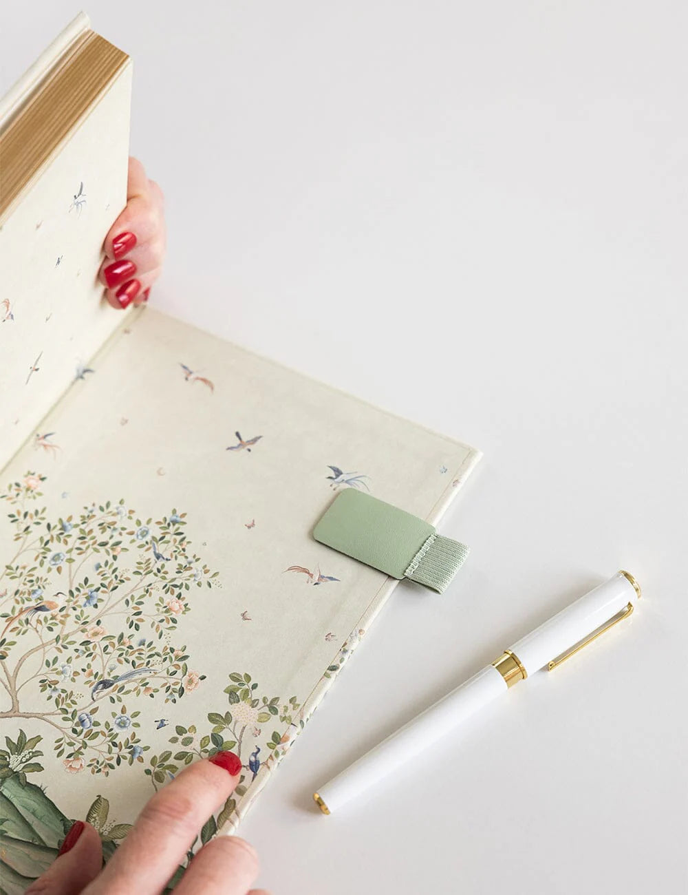 Hand holding a decorated notebook with a pen on a white background