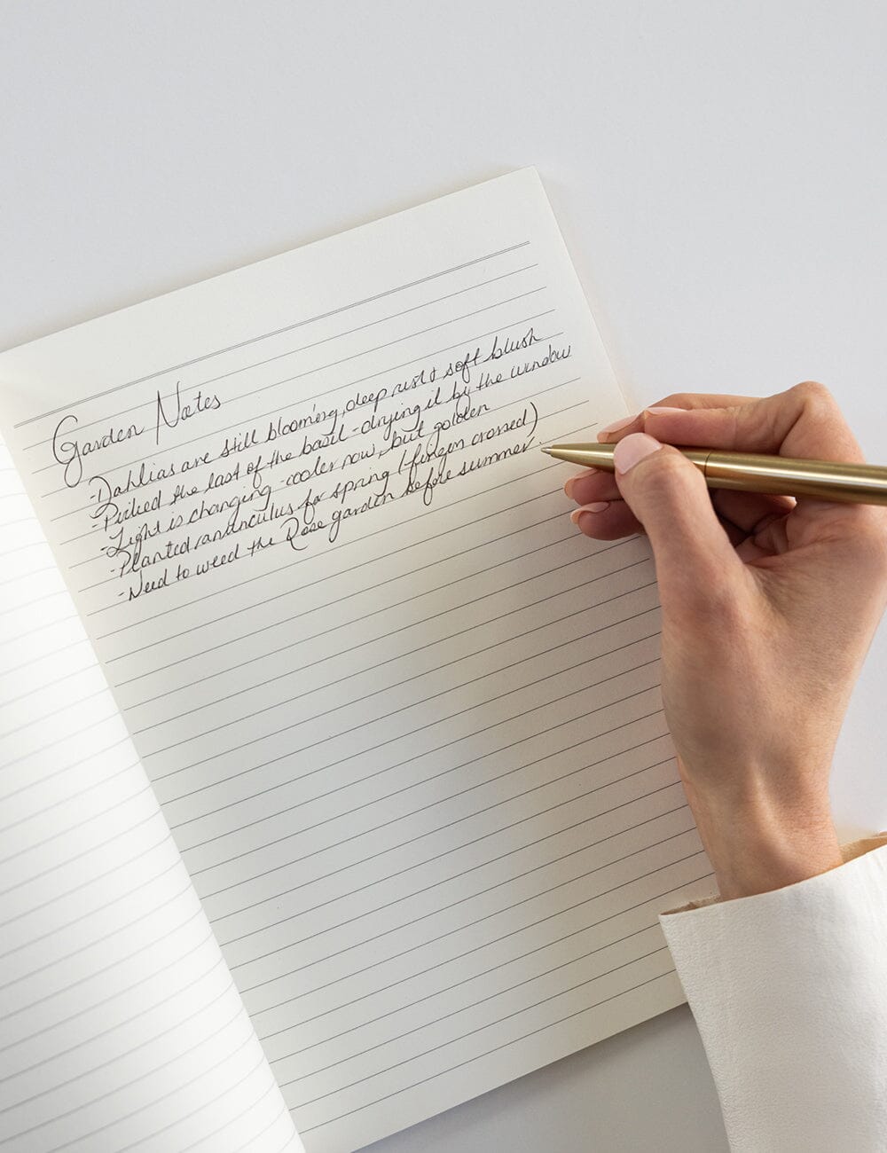 Hand writing in a notebook with a pen on a white background