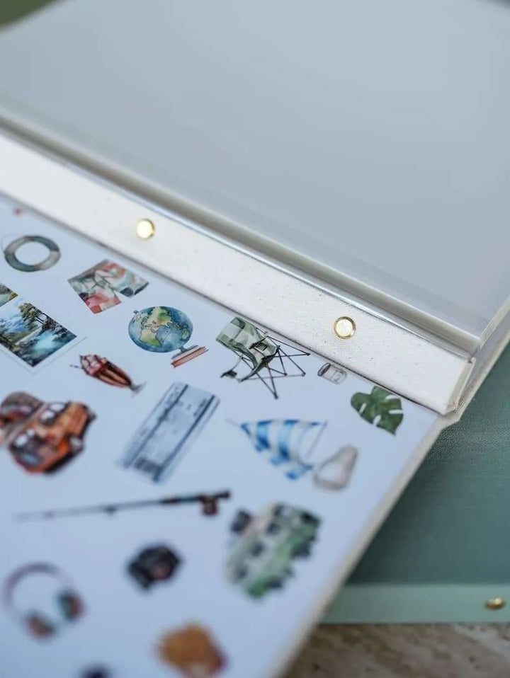 Sheet of stickers with various designs on a light surface