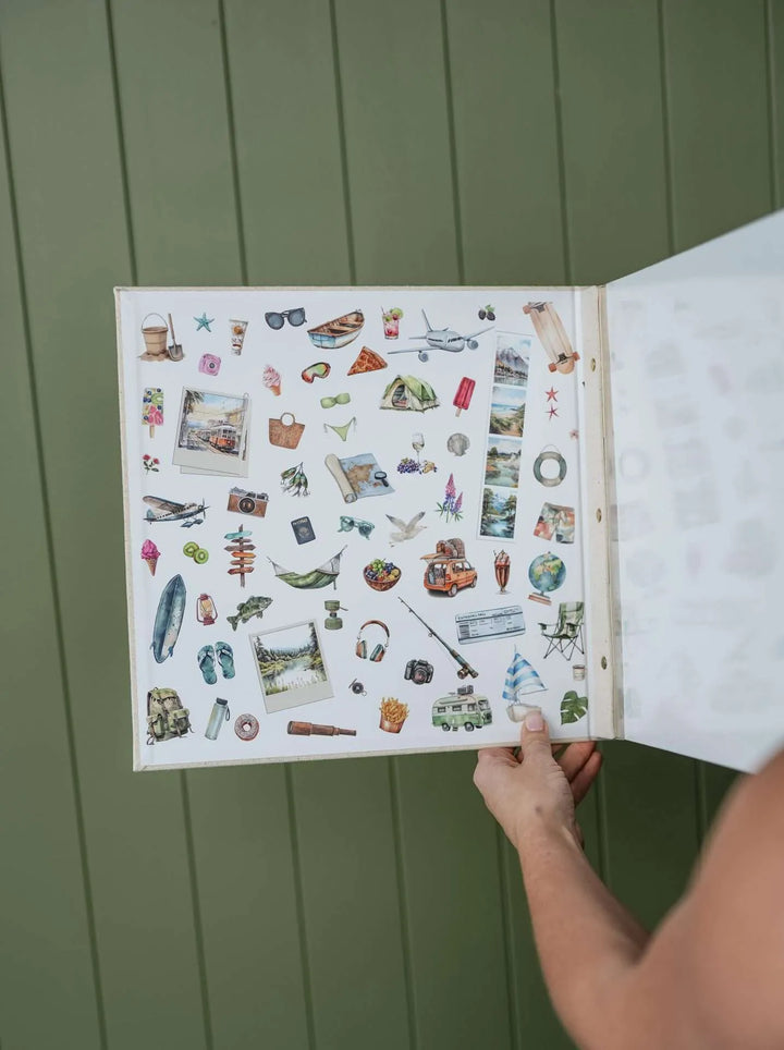Open book with a page of illustration against a green background
