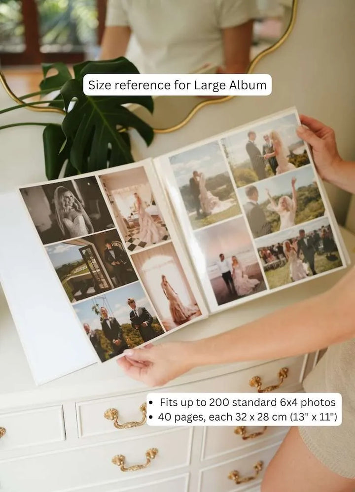 Album with photo collage on a dresser, size reference text overlay