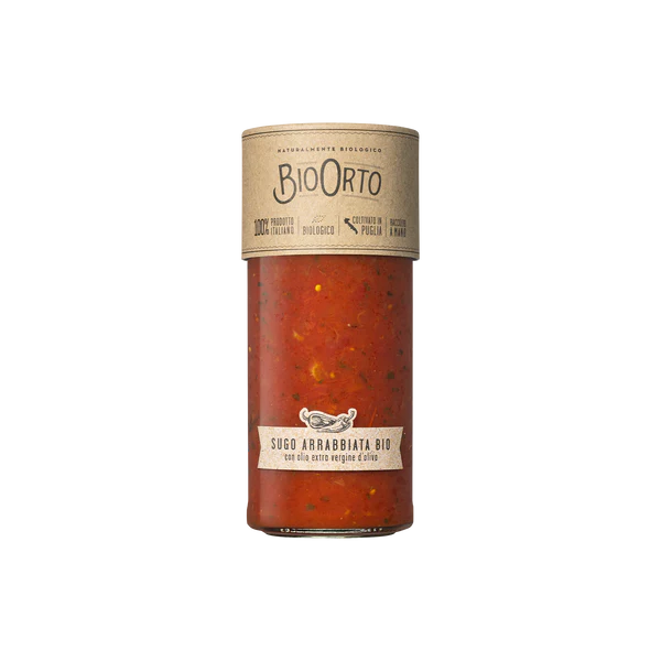 Jar of tomatoes with BioOrto label on a white background
