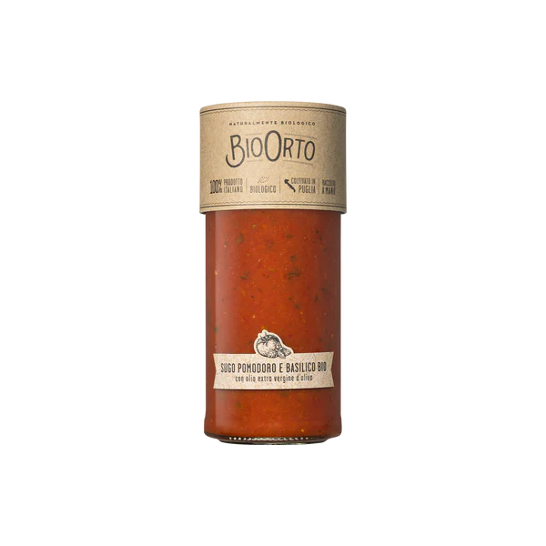Jar of tomatoes with BioOrto label on a white background