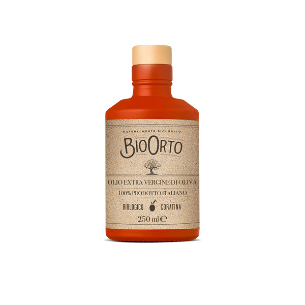 Bottle of BioOrto olive oil on a white background