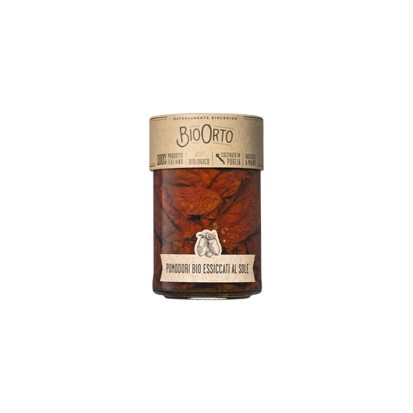 Jar of dried tomatoes with 'BioOrto' label on a white background