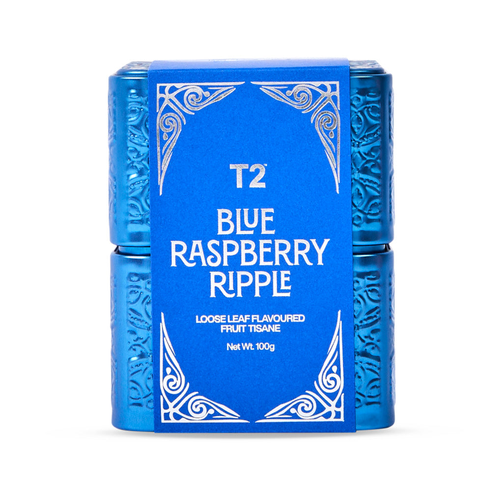 Blue packaging of T2 Blue Raspberry Ripple tea on a white background