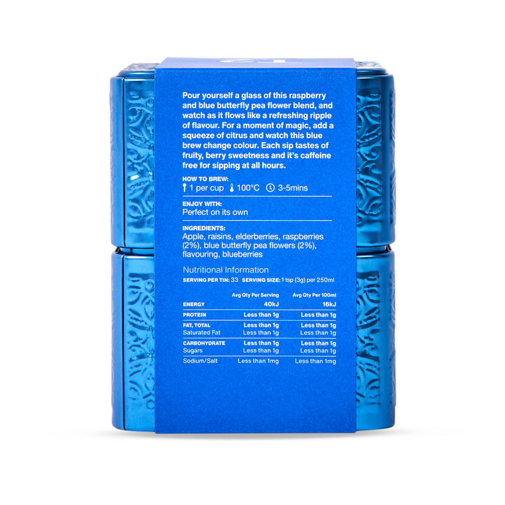 Blue packaging with text and branding on a white background