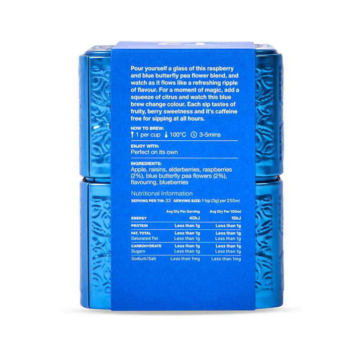 Blue packaging with text and branding on a white background