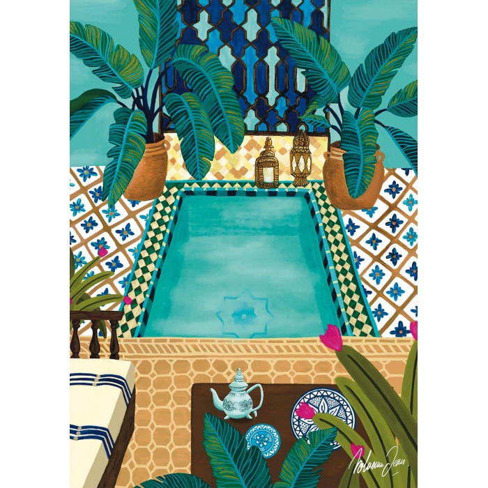 A Morocco hotel scene with blues & greens