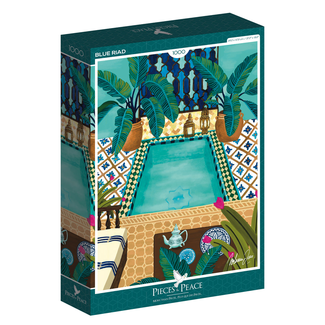 Jigsaw puzzle box with a colorful design of a patio scene, featuring plants and a pool.