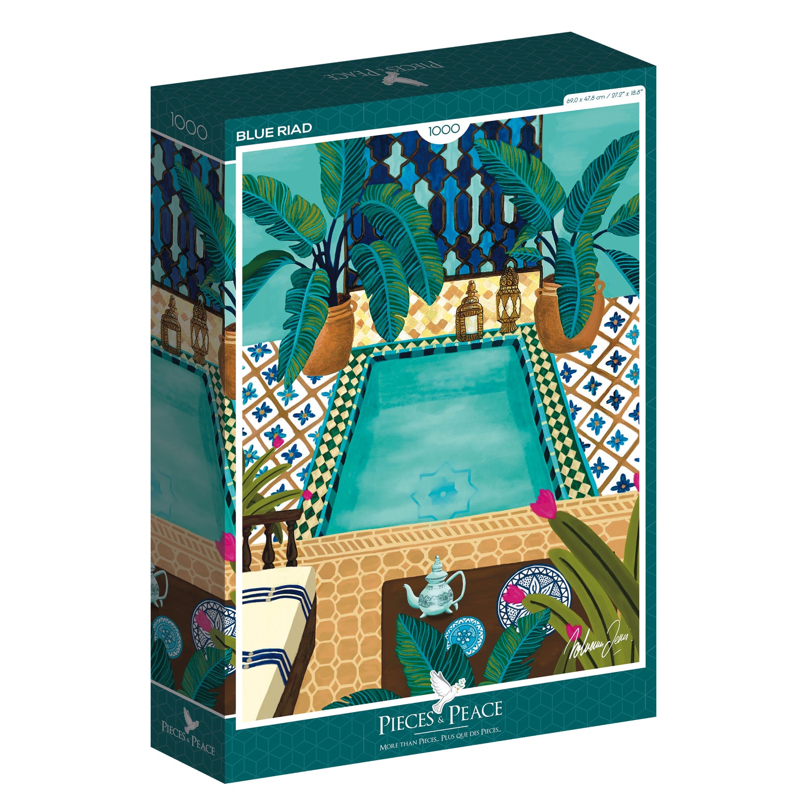 Jigsaw puzzle box with a colorful design of a patio scene, featuring plants and a pool.