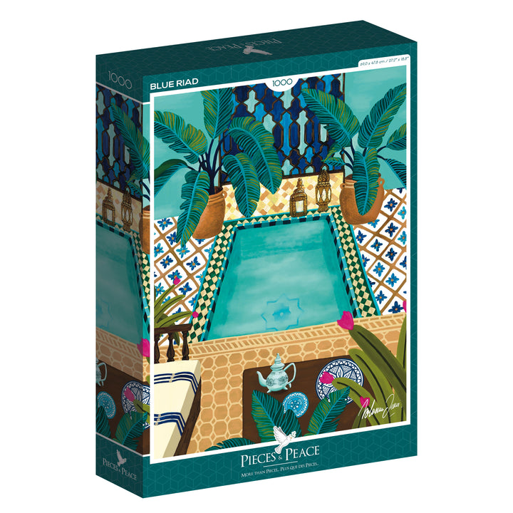 Jigsaw puzzle box with a colorful design of a patio scene, featuring plants and a pool.