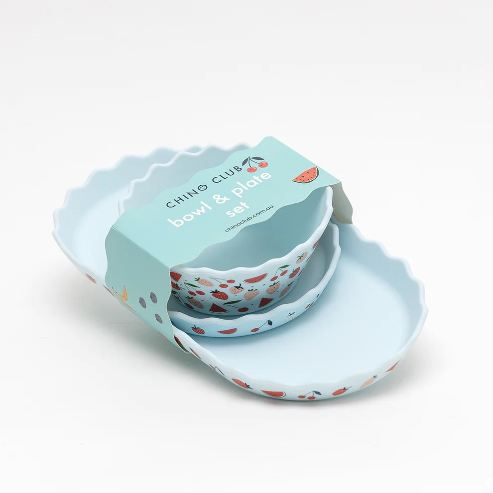 Bowl and plate set with blue packaging on a white background