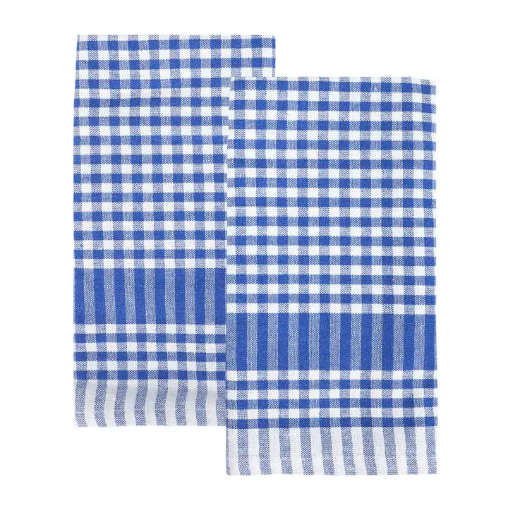 Two blue and white checkered napkins on a white background