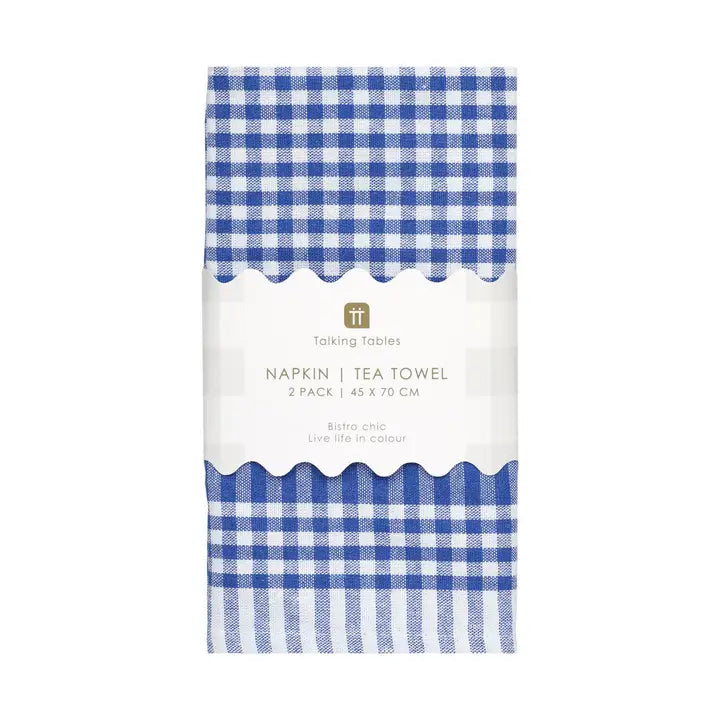 Pack of blue and white checkered tea towels with a brand logo on a white background