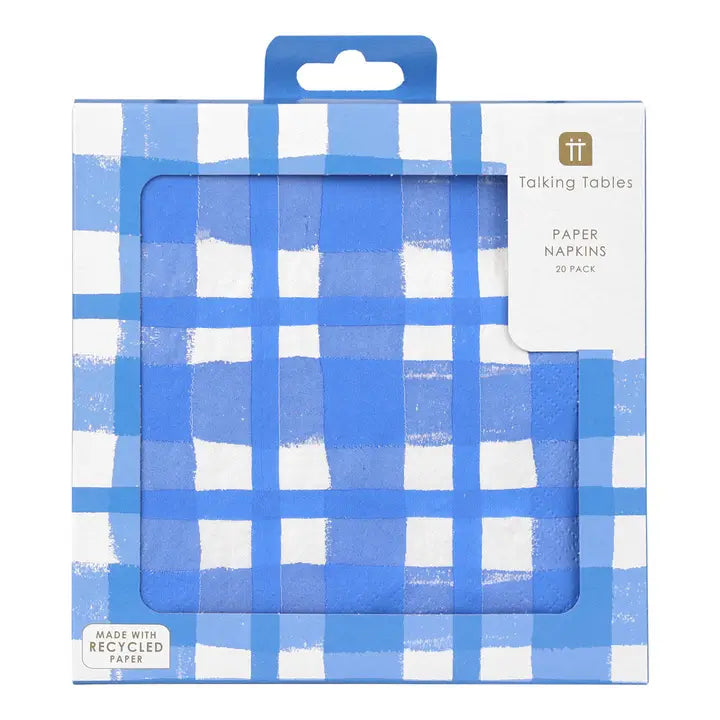 Pack of blue and white checkered paper napkins with 'Talking Tables' branding.