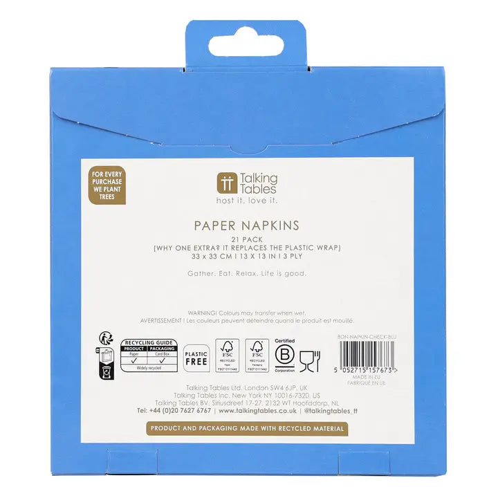 Packaging of Talking Tables paper napkins with blue background
