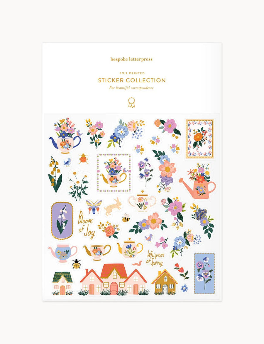 Sticker collection with floral and nature-themed designs on a white background