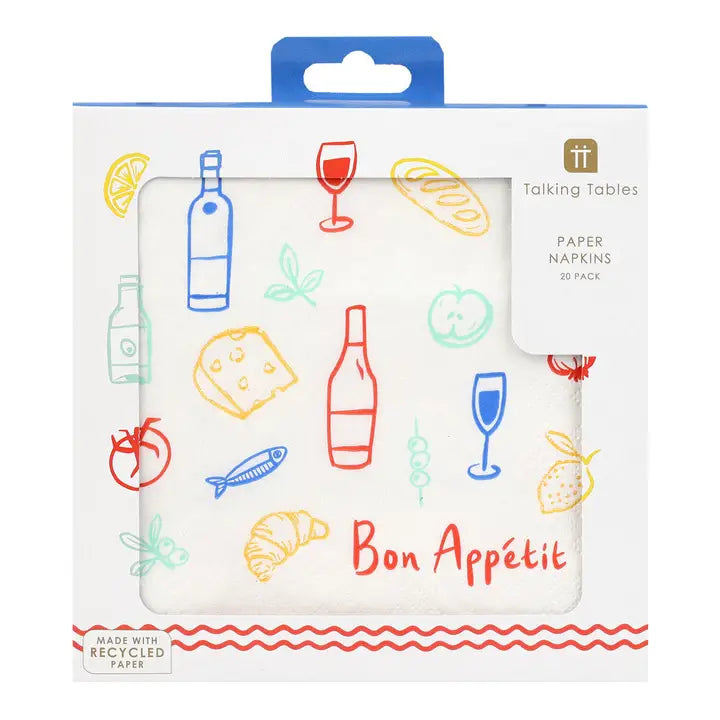 Packaging of Talking Tables paper napkins with food illustrations and 'Bon Appetit' text.
