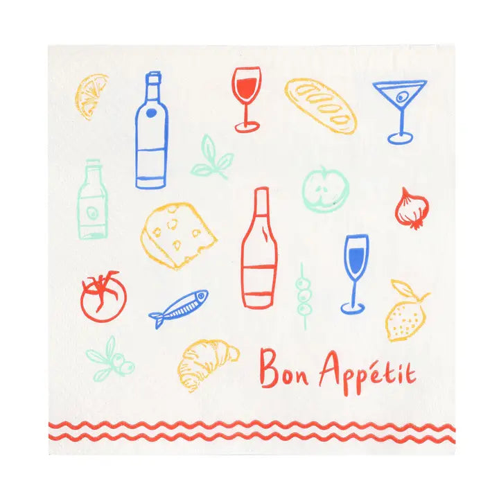 Napkin with colorful food illustrations and 'Bon Appetit' text on a white background