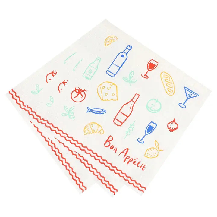 Napkin with food-themed illustrations and 'Bon Appétit' text on a white background