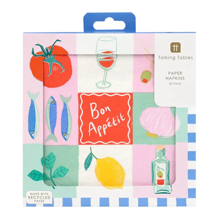 Pack of paper napkins with food-themed illustrations and 'Bon Appetit' text, branded 'Talking Tables'.