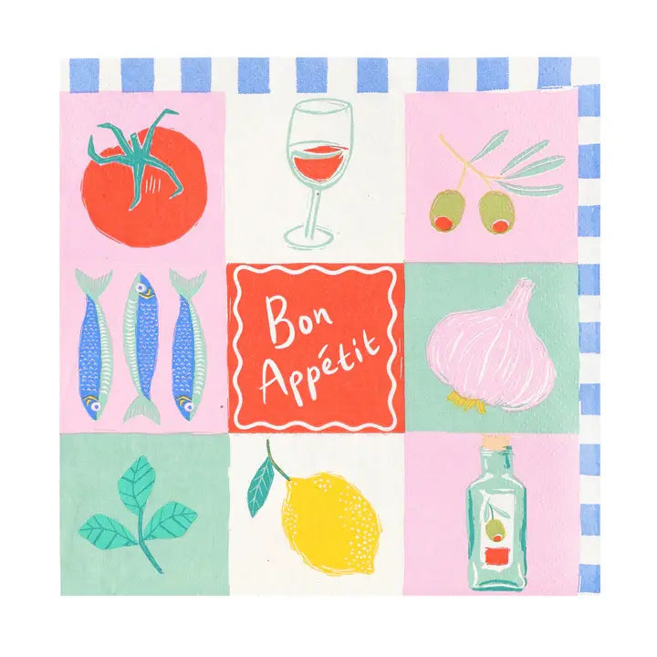 Colorful patchwork design with food illustrations and 'Bon Appetit' text on a white background.