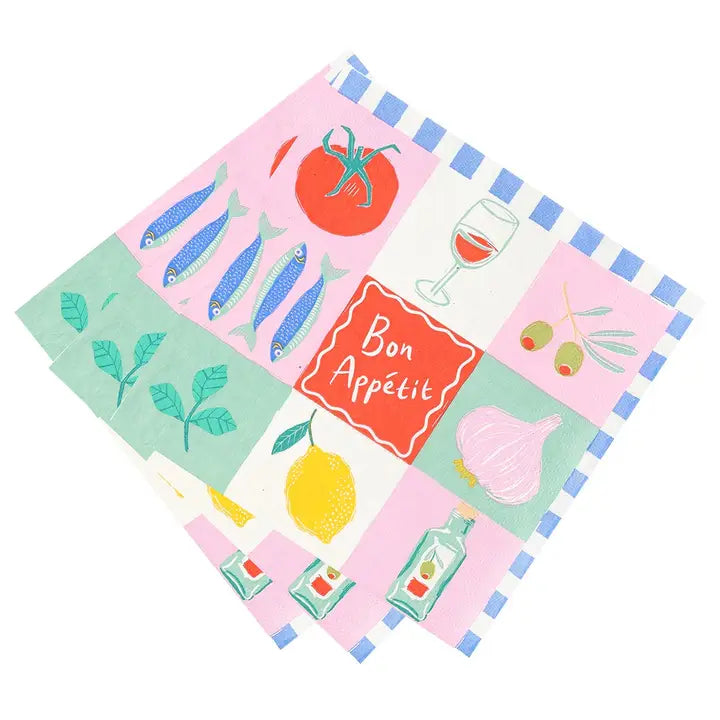 Set of colorful napkins with food-themed designs on a white background
