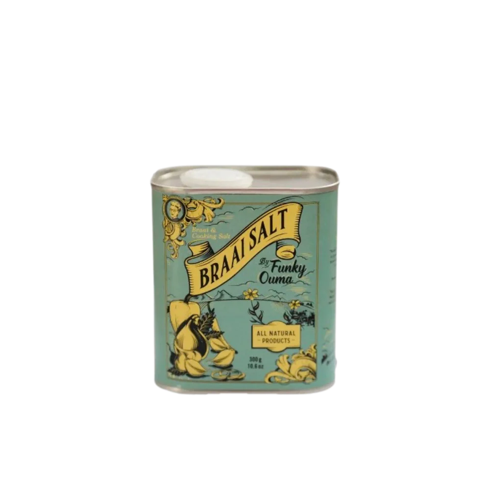 Tin labeled 'Braai salt' on a white background