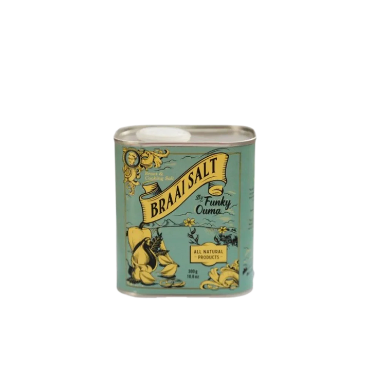 Tin labeled 'Braai salt' on a white background