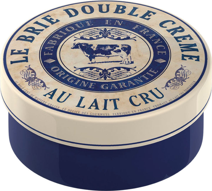 Blue and beige container with 'Le Brie Double Crème' branding on a white background