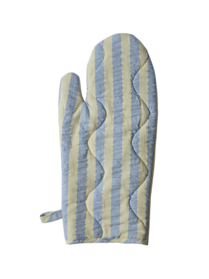 Blue and beige striped oven mitt on a white background