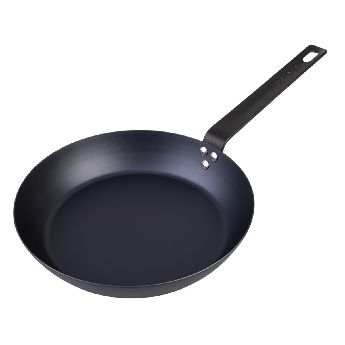 Black carbon steel frying pan on a white background