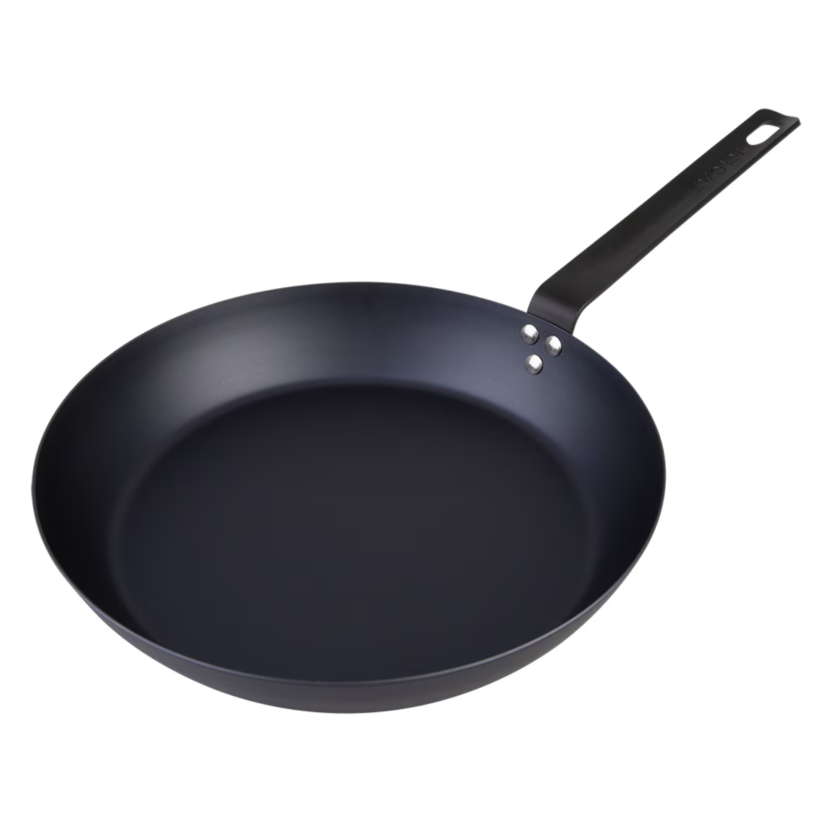 Black caron steel frying pan on a white background