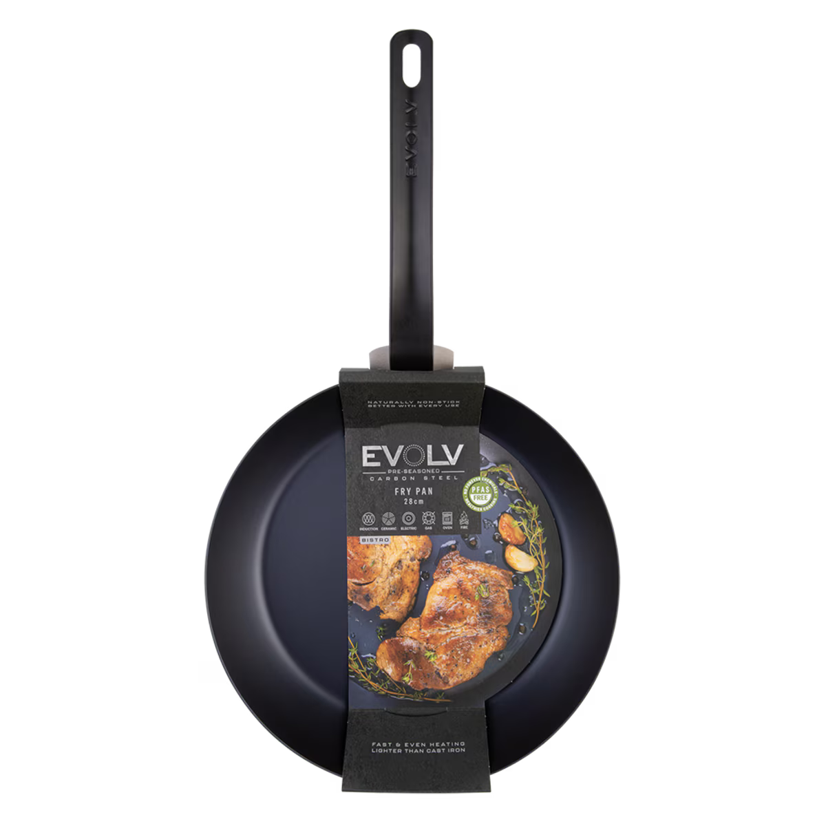 Black carbon steel frying pan with handle and 'Evolv' branding on a white background