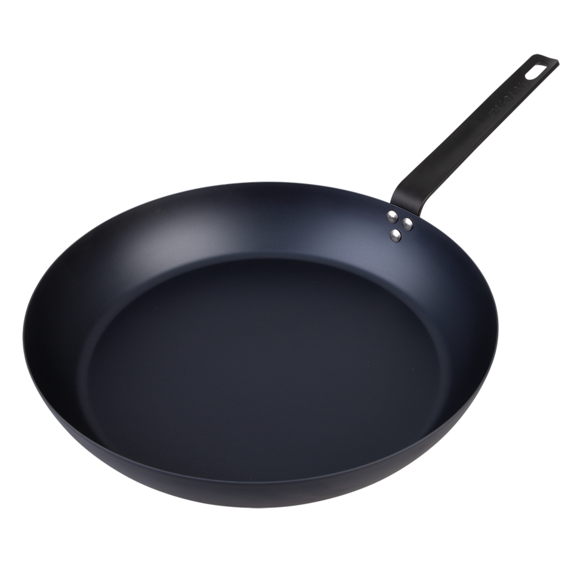 Black carbon steel frying pan on a white background