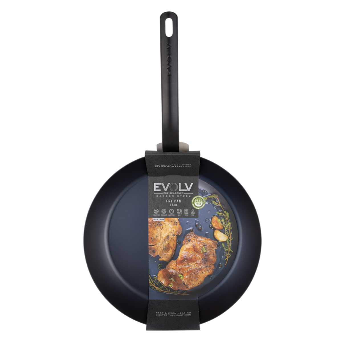 Black carbon steel frying pan with a handle and 'Evolv' branding on a white background