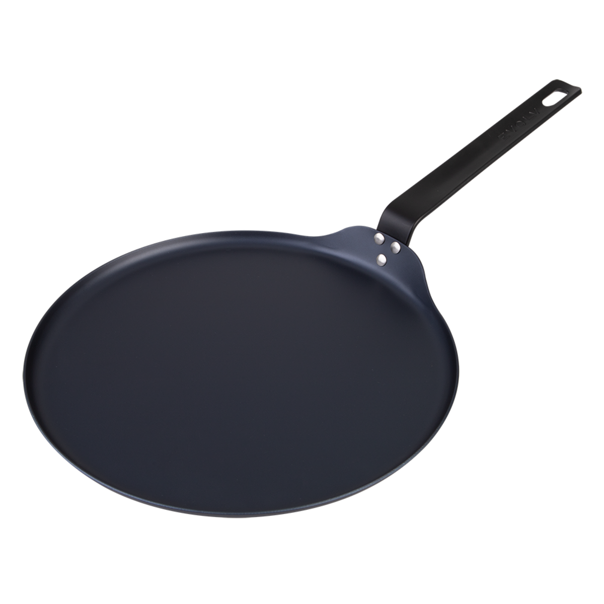 Black carbon steel pancake pan on a white background