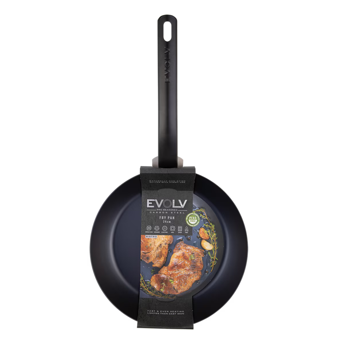Black carbon steel frying pan with Evolv branding and a label showing food on a white background