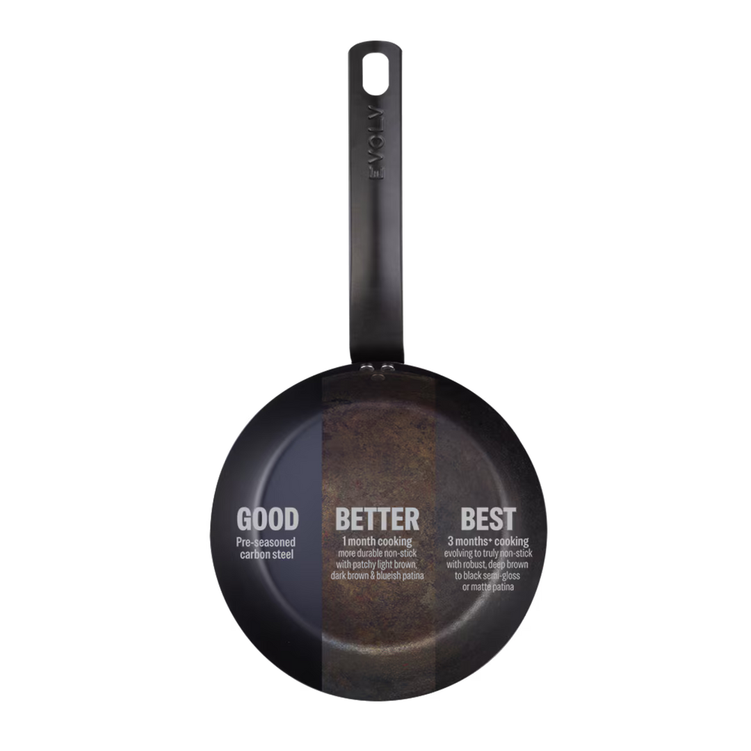 Black carbon steel frying pan with seasoning scale on a white background