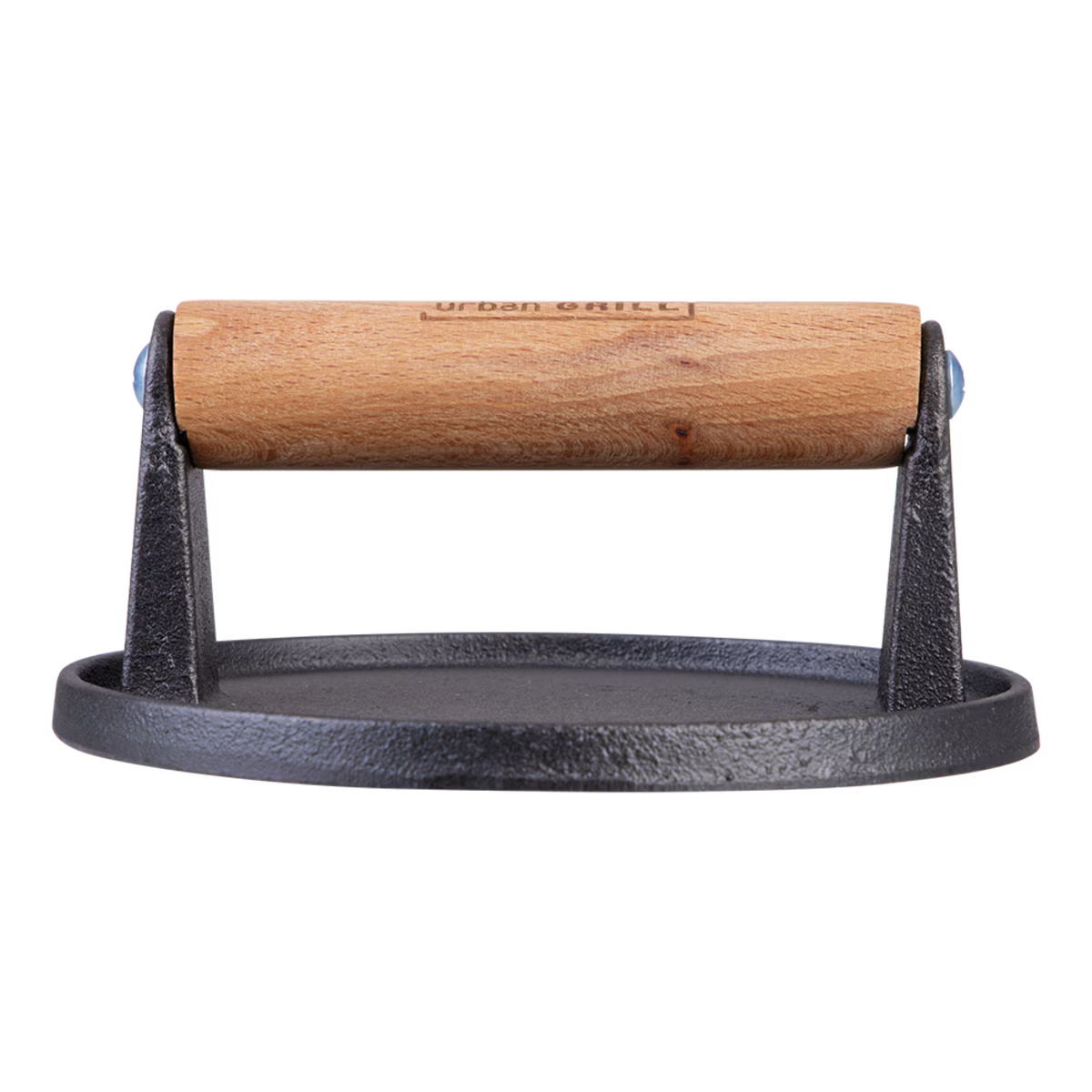 Wooden handle, cast iron burger press on a white background