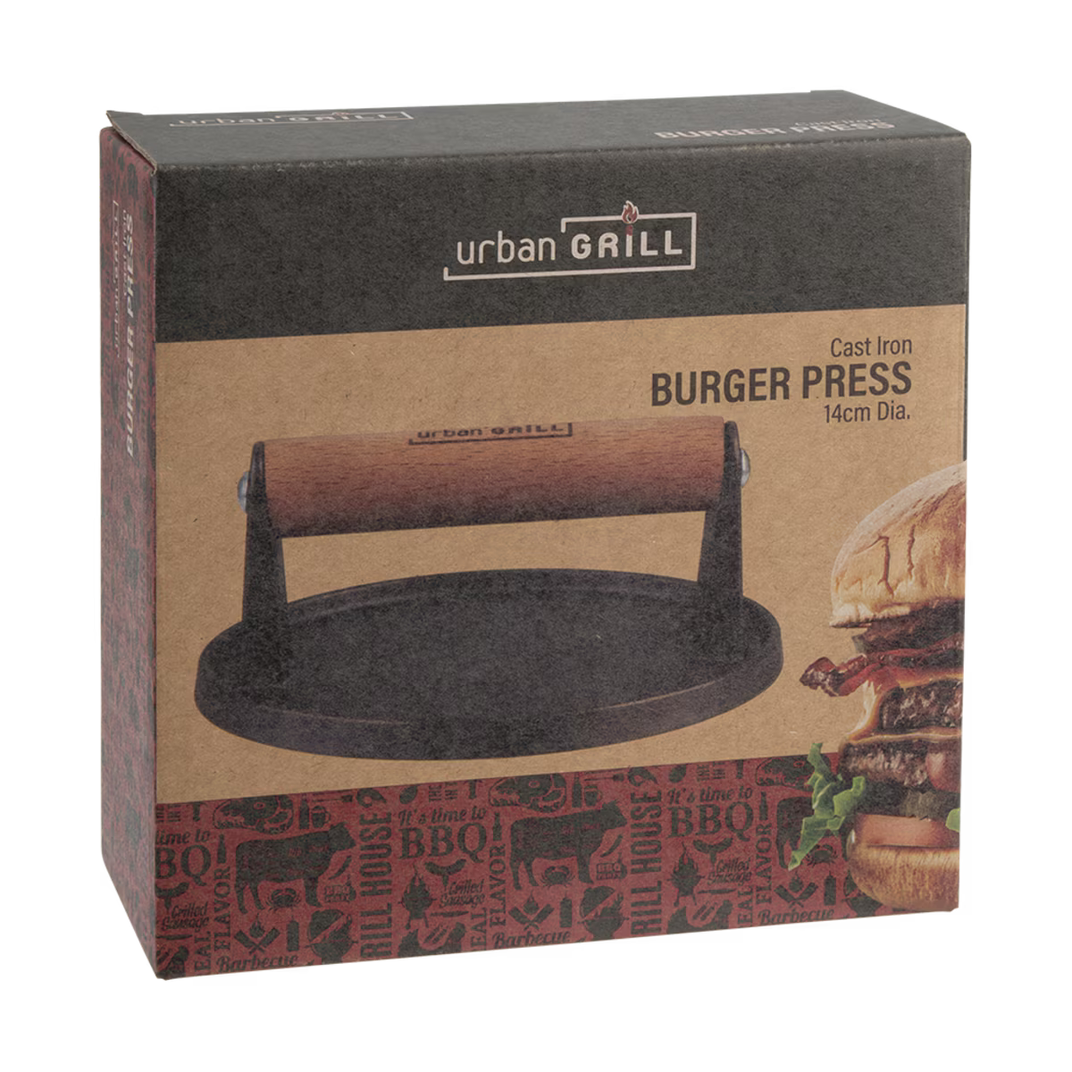 Box packaging of Urban Grill burger press with branding and product details.