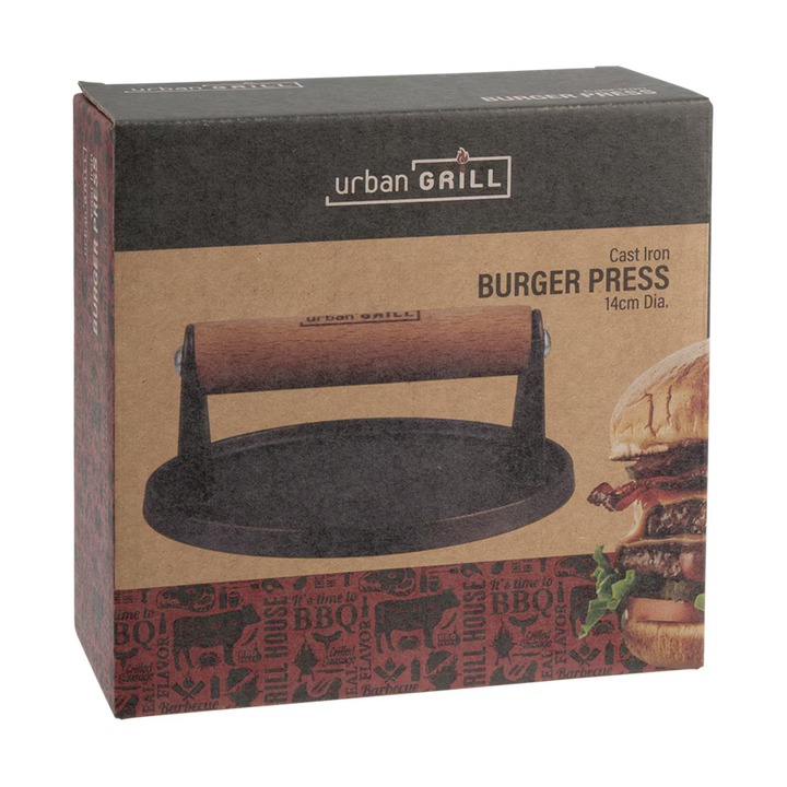 Box packaging of Urban Grill burger press with branding and product details.
